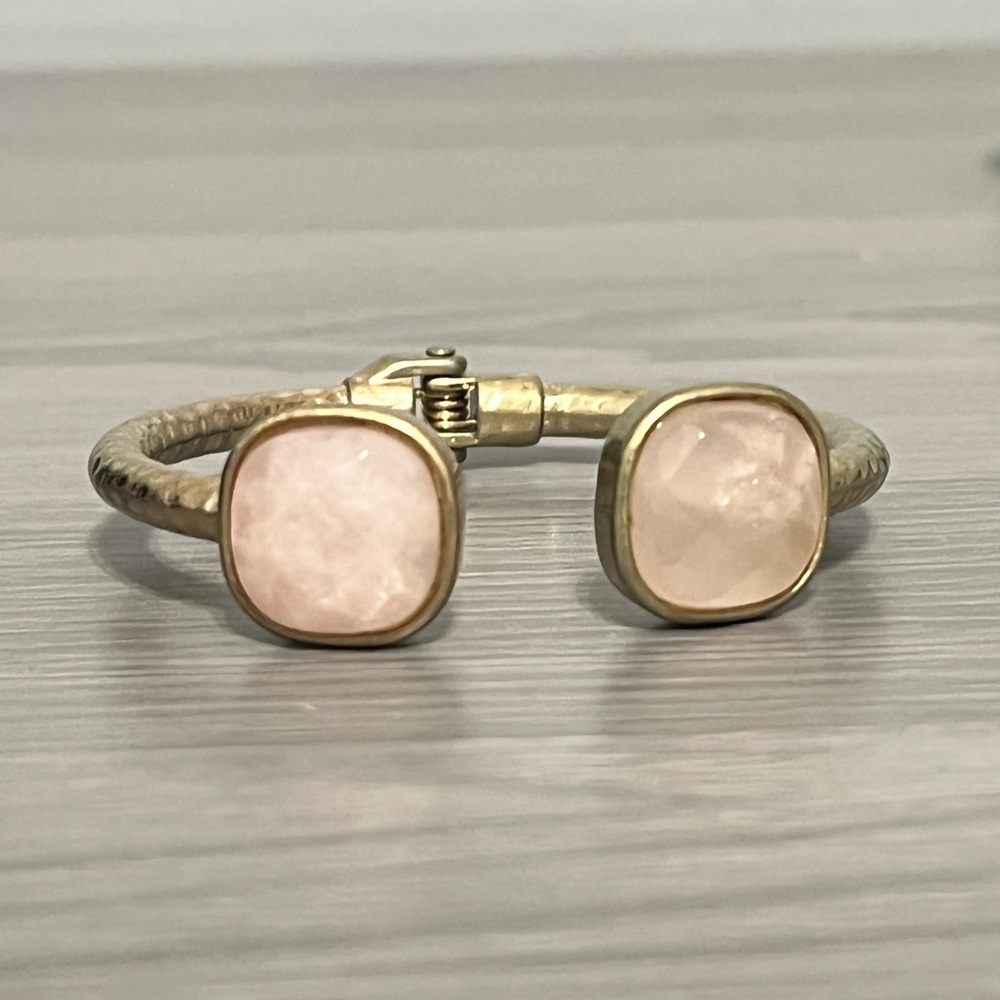 Vintage Gold Hinged Bangle Bracelet with Light Pink Gemstones, Boho - Picture 3 of 8